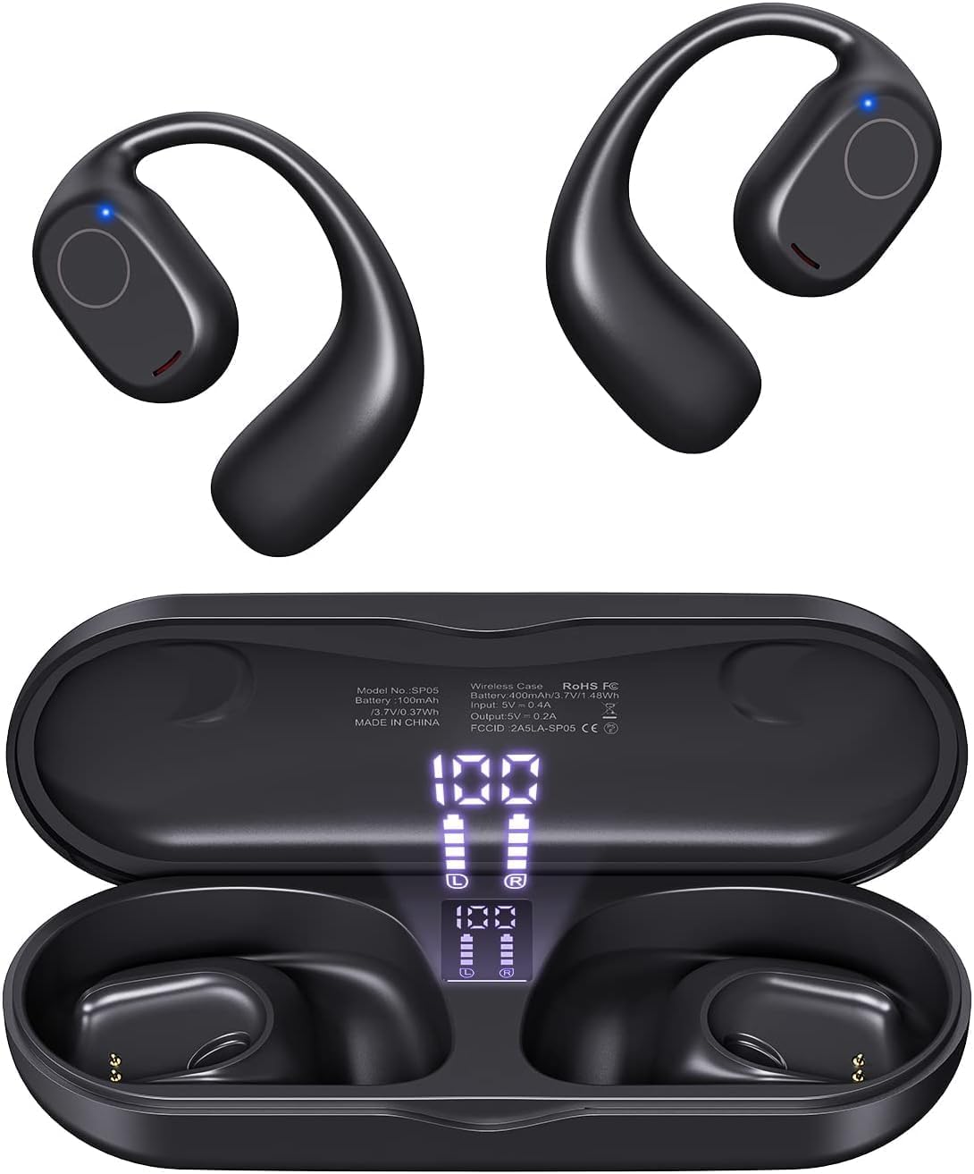 Open Ear Headphones, True Wireless Earbuds 40H Playtime Bone Conduction Headphones with Mic, Bluetooth 5.3 Over Ear Earbuds with Hooks & LED Display Charging Case, IPX6 for Sports (Black)