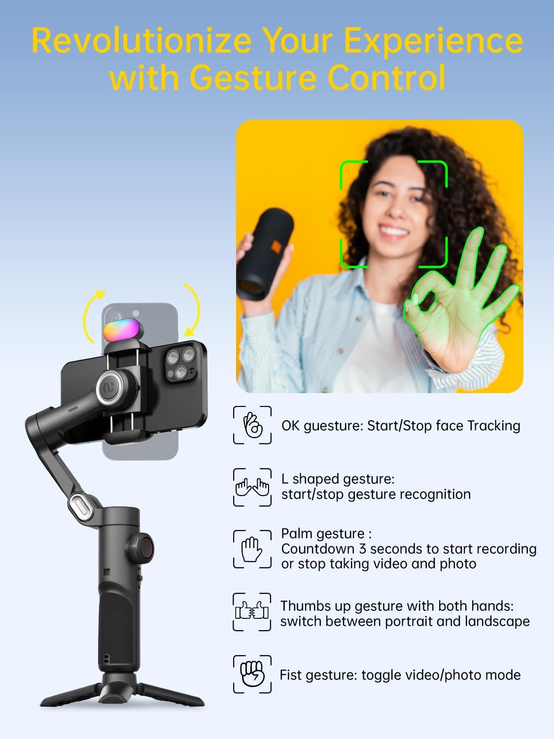 3-Axis Gimbal Stabilizer for Smartphone with RGB Magnetic Fill Light Upgraded Face Tracking Focus Wheel Foldable iPhone Gimbal for iPhone/Android Phone Stabilizer Vlog Recording Smart XE Kit
