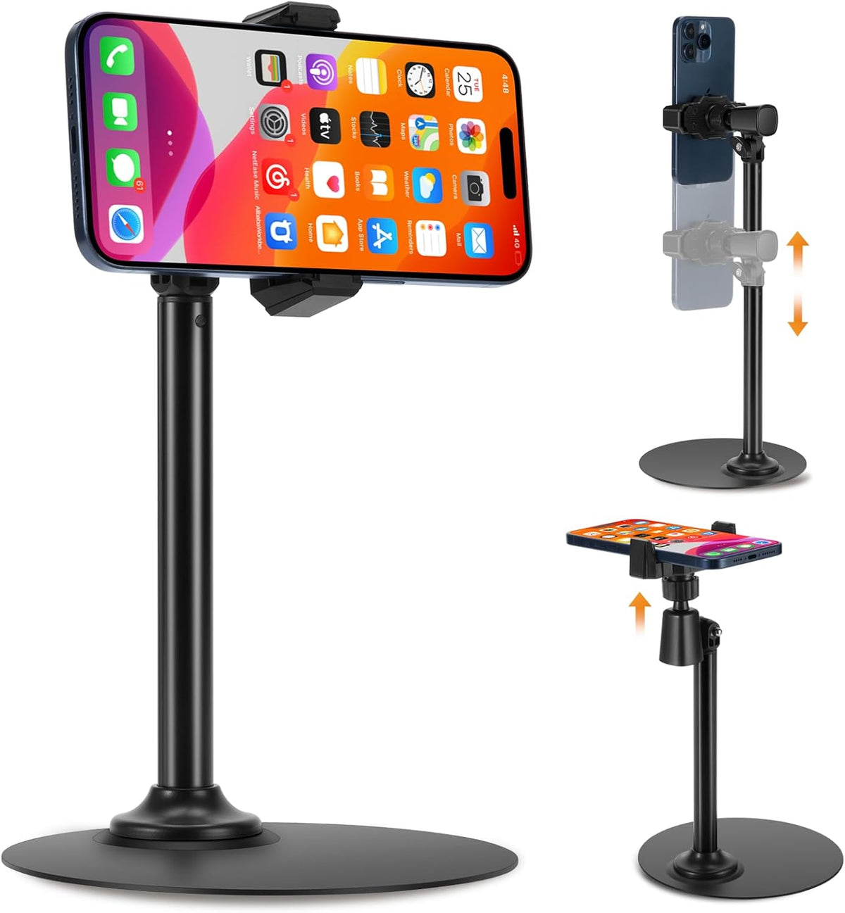 Adjustable Phone Stand for Desk with Clip Mount Live Streaming: 360° Rotatable Overhead Shot Holder with Sturdy Metal Base, Compatible with TikTok, YouTube, Zoom Video Recording (Black)