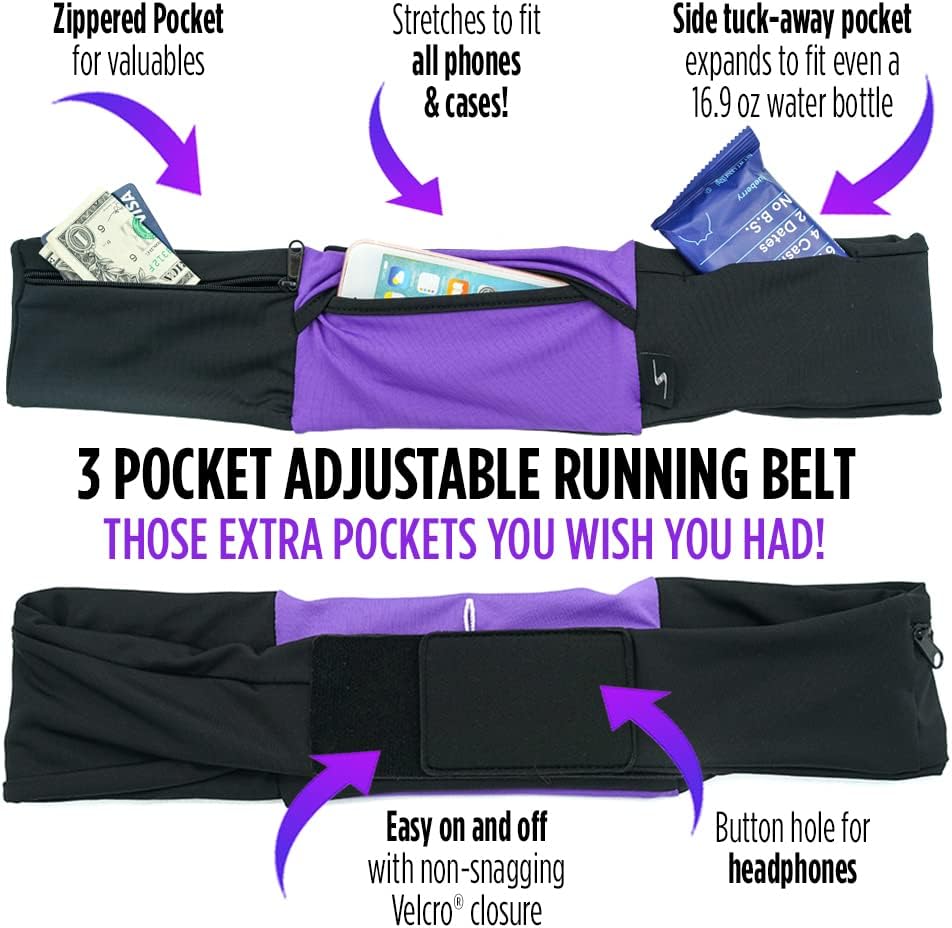 3 Pocket Adjustable Running Belt Waist Pack, Fanny Pack For Working Out With Sweat Resistant Backing, Holds All iPhone Models (Tie Dye/Black, Small/Medium)