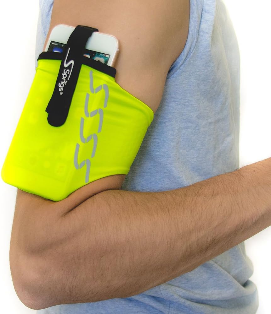 Sprigs Phone Armband Sleeve for iPhone 14, 13, 12, 11, X Galaxy Z, S22, S21, S20 Google Pixel 7, 6, 5. The Lightest & Most Comfortable Running Armband, Stretches to Fit All Phones with Case for Women & Men