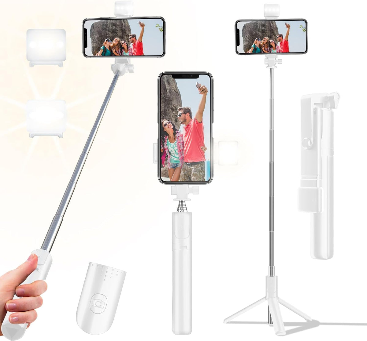 Selfie Stick Tripod, 40 in Retractable Tripod for iPhone with Wireless Remote Control & Light, Portable Phone tripods for Photograph, Live Streaming, Video Recording, Compatible with All Cellphones