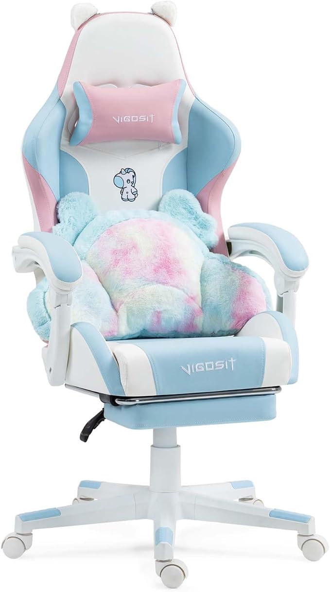 【Gaming Chair with Paw Cushion】 Kawaii PC Gamer Chair for Girls Teens Adjustable Height &amp 90-155° Recline 360° Swivel with Retractable Footrest (BluePink)