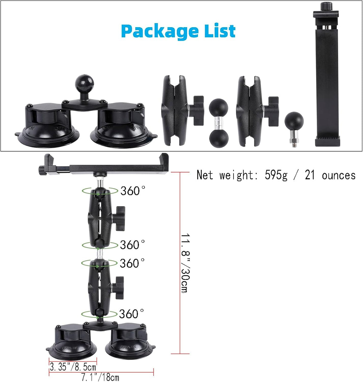 Dual Suction Cup Tablet Mount for Truck/Car, 13.4 Inch Aluminum Arm, 360° Adjustable 2-Stage Tablet Stand Holder, Compatible with iPad Pro/Air/Mini, Galaxy Tab and All 6.5-12.9" Tablets