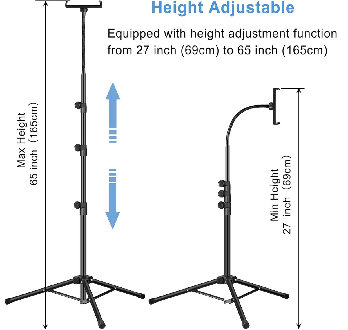 Ipad Tripod Stand, Gooseneck 65" Height Adjustable Floor Stand with 360° Rotating iPad Tripod Mount for iPhone,iPad pro,Kindle and All 4.5-12.9 Inch Tablet and Phone