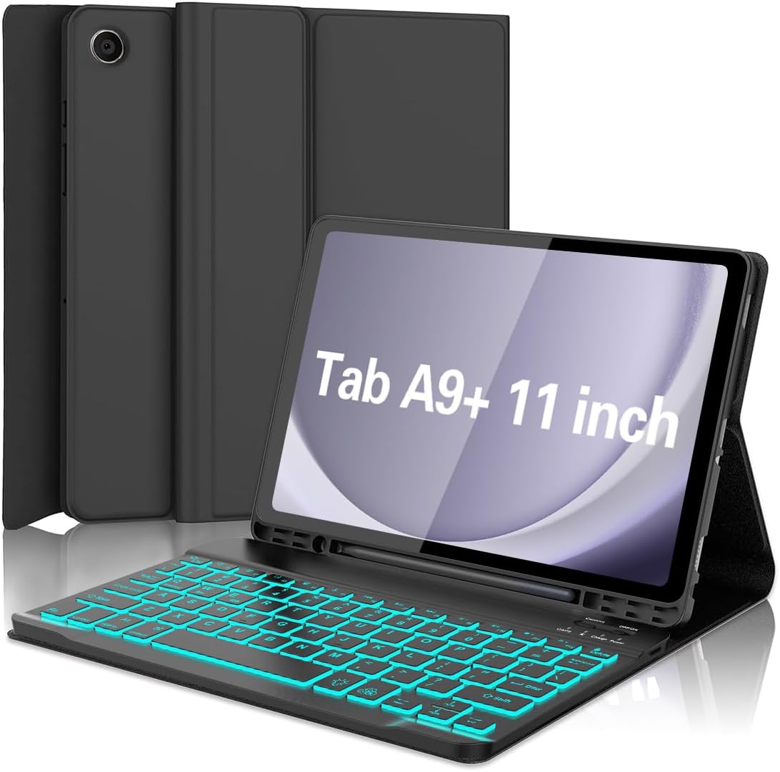 Galaxy Tab A9 Plus Case with Keyboard 5G 11 Inch 2023 (SM-X210/X216/X218), 7 Color Backlit Detachable Tablet Keyboard Cover with S Pen Holder for Samsung Galaxy Tab A9+ 11" (Black)