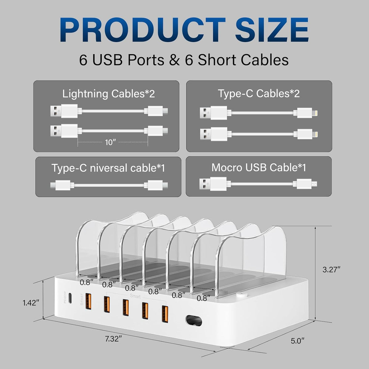 Charging Station for Multiple Devices: 68W 6 Port 20W Fast Phone Charger Dock with 6 Cables, Compatible with Apple Cellphone iPad iPhone Tablet and Other Electronic (White)