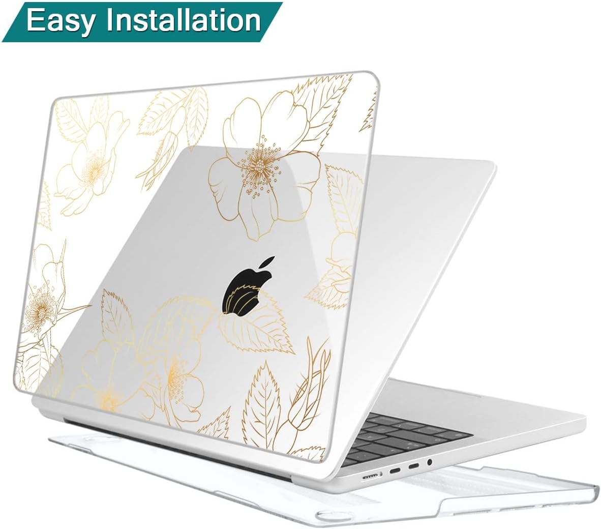 Teryeefi Case for 2021-2024 MacBook Pro 14 Inch M4 M3 M2 M1(Model A3112 A3401 A3185 A2992 A2918 A2779 A2441) with Keyboard Cover & Screen Protector & OTG Adapter, Golden Flower Leaf