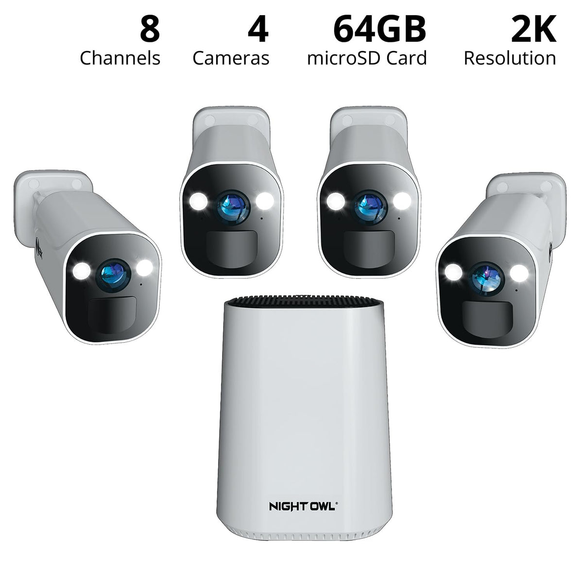 Night Owl 8 Channel Wi-Fi Video Home Security Hub with (4) Battery-Powered Wi-Fi 2K HD Indoor/Outdoor Spotlight Cameras with 2-Way Audio and 64GB