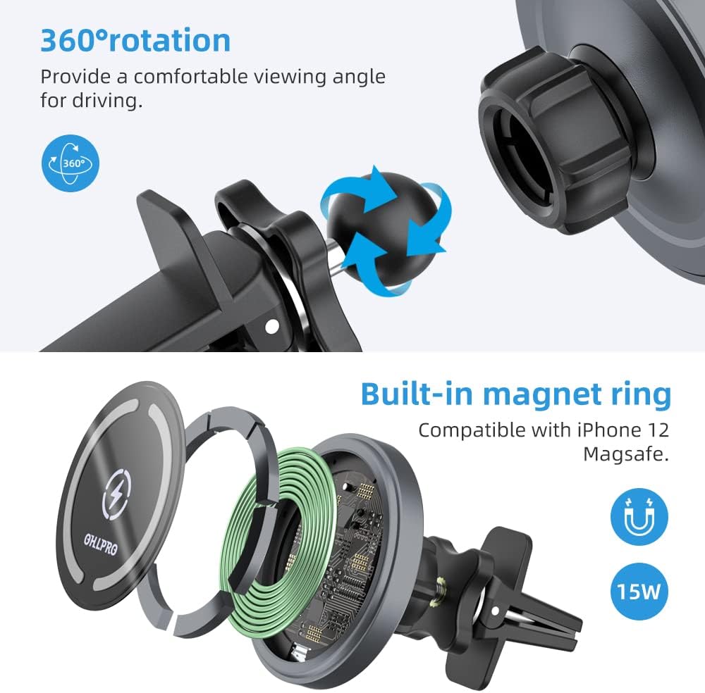 OHLPRO MagSafe Car Mount Charger, 15W QC 3.0 Fast Charging for iPhone 16 ProMax, Pro, Plus, 15, 14, 13, 12 Series, Stick on Car Dashboard & Air Vent Phone Holder
