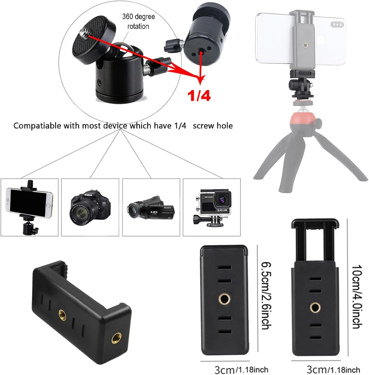 30Pack 1/4 3/8 Inch 1/4" Camera Tripod Screw Mount Kit to Adapter Threaded Converter Swivel Ball Head and Hot Shoe E