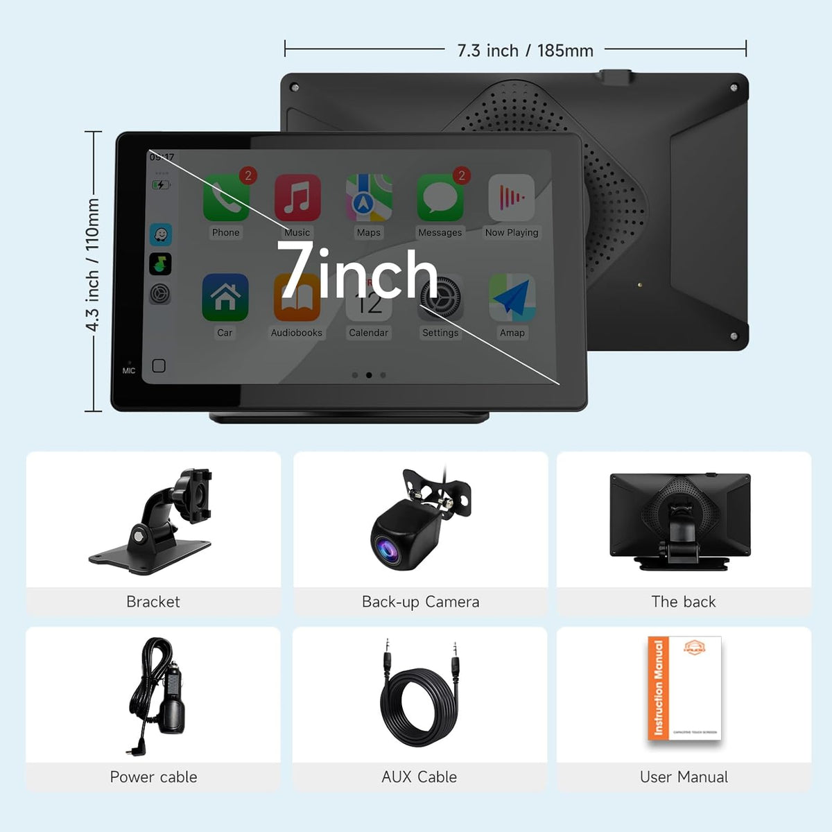 Haudio 7" 1080P Wireless CarPlay & Android Auto Screen for Car, Portable Car Stereo with Front & Rear Dash Cam, Backup
