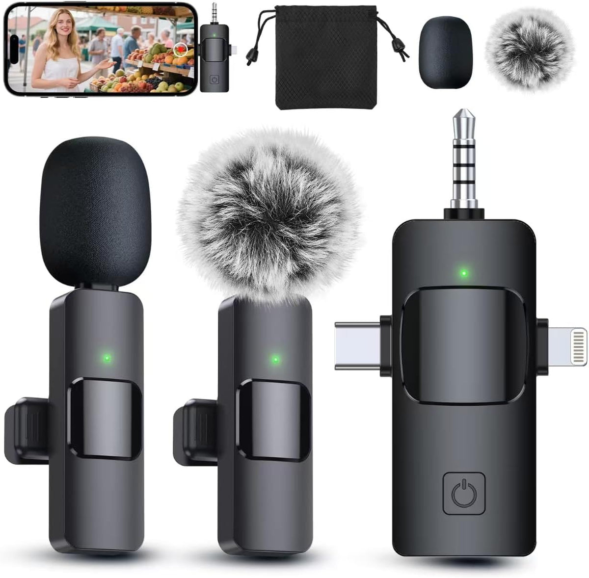 PQRQP 3 in 1 Professional Wireless Lavalier Microphone for iPhone, Android, Camera, Wireless Microphones, Mini Microphone, Crystal Clear Sound Quality for Recording, Live Streaming, YouTube, TikTok