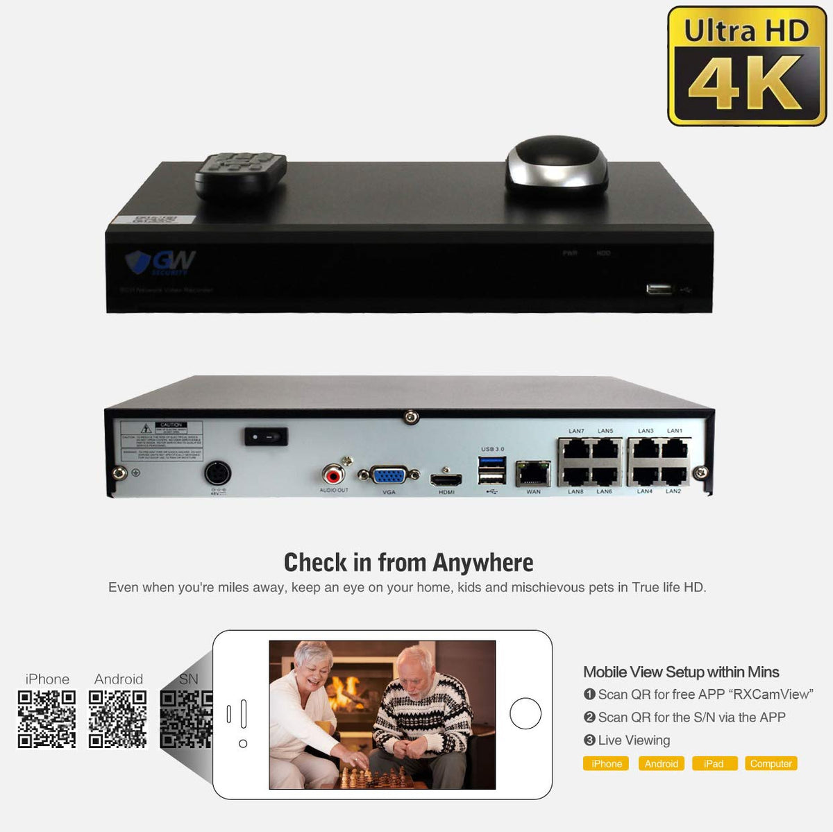 GW Security 2-Way Audio Spotlight 5MP Full-time Color Night Vision PoE Security Camera System, 8 Channel 4K NVR with 4 x 5MP 1920p Face Recognition