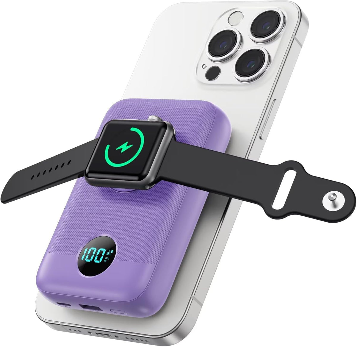 Magnetic Portable Charger for iPhone, 10800mAh 4-in-1 Wireless Power Bank with iWatch Charger, 25W PD Fast Charging Battery Pack for Magsafe, iPhone 16/15/14/13/12 Series, Apple Watch (Purple)