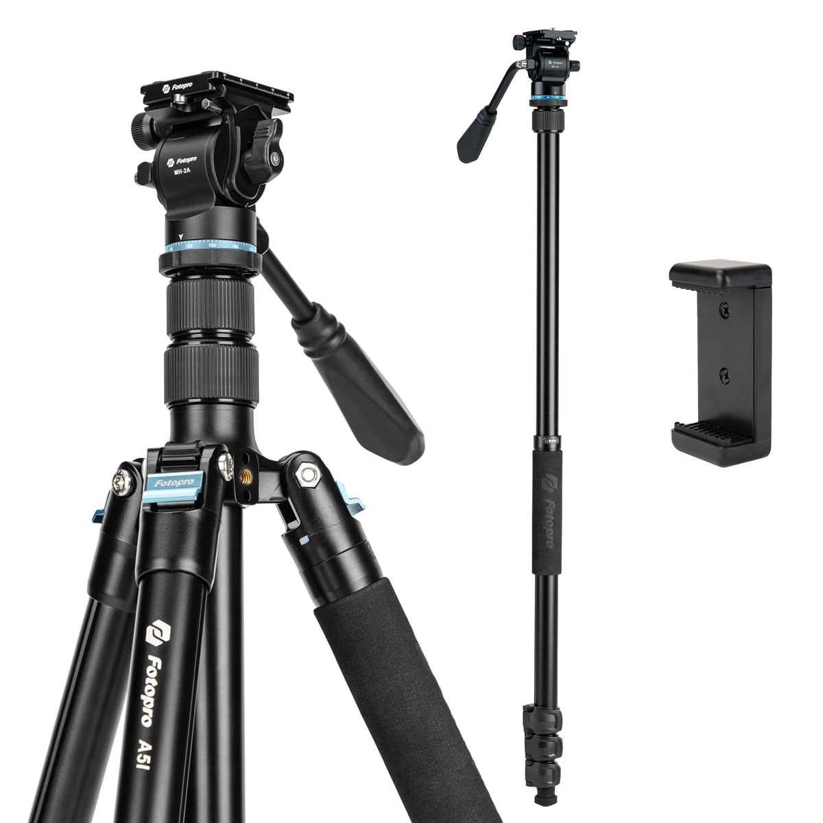 Fotopro 73'' Camera Tripod, Foldable Aluminum Tripod/Monopod, Detachable Fluid Head with Quick Release Plate, Lightweight Tripod for Camera, Phone