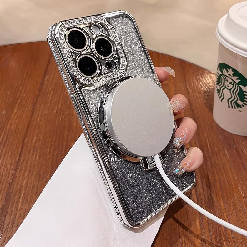 Magnetic Kickstand (Glitter Lens Protector ) Case for iPhone 15 14 13 12 Pro Max (Compatible with Magsafe ) Sparkling Diamond Cover Glitter Shiny Rhinestone Cases (Black,for iPhone 13 Pro)