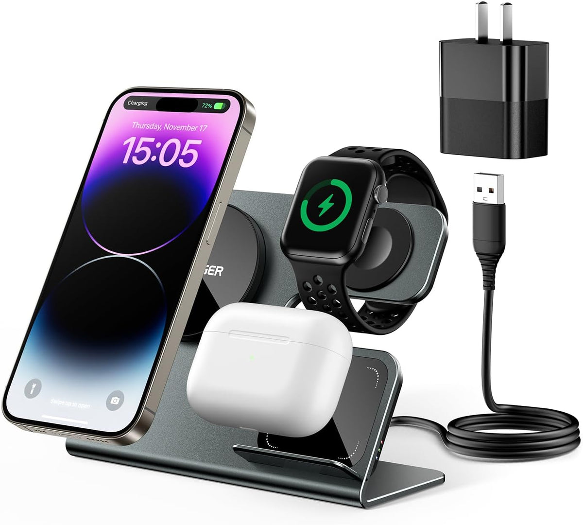 3 in 1 Aluminum Alloy Magnetic Wireless Charging Station Compatible with iPhone 16/15/14/13/12 Series, ESSAGER 15W Wireless Charger Office Bedroom Table for Airpods 4/3/2/Pro, iWatch with 20W Adapter