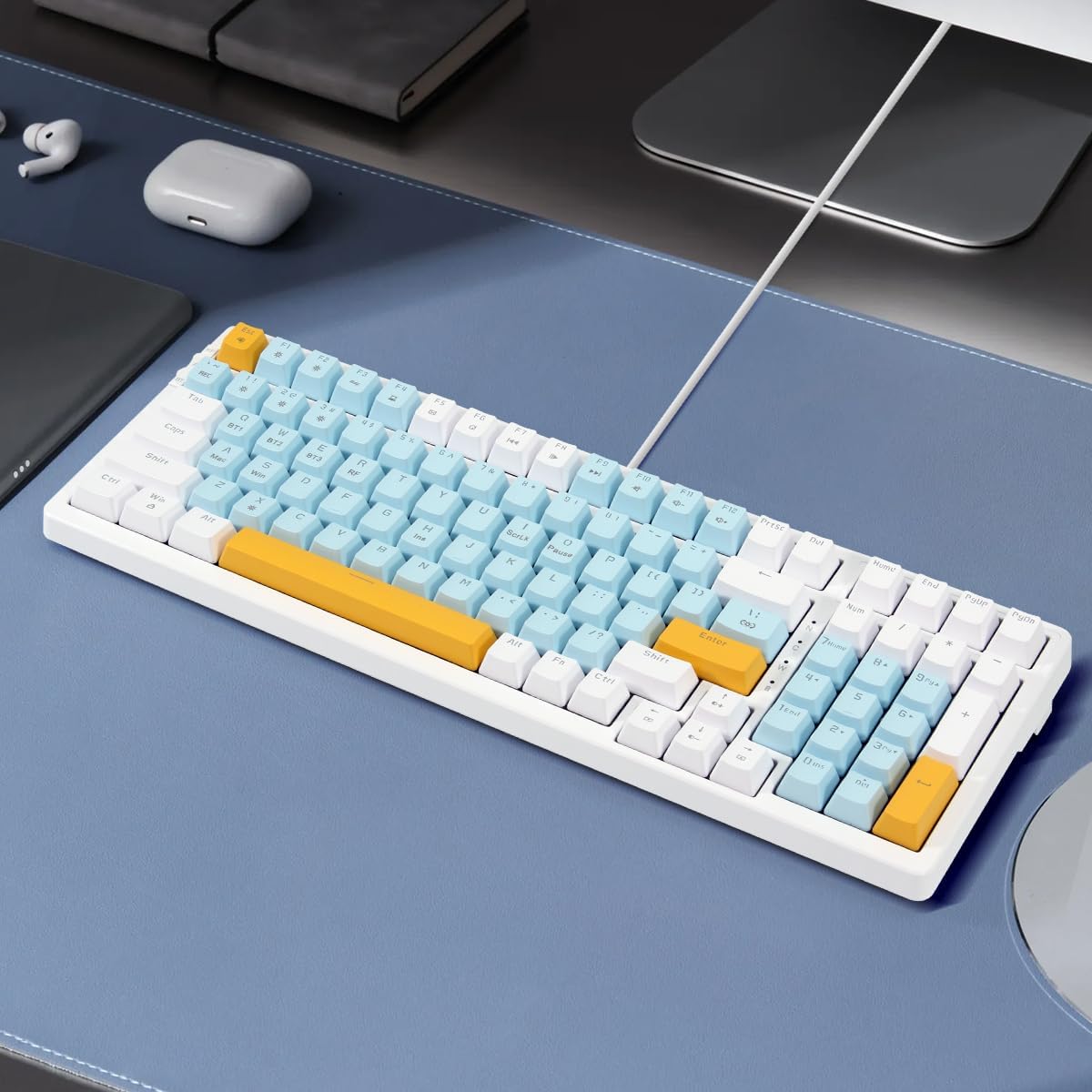 Wireless Mechanical Keyboard, Triple Mode 2.4G/USB-C/BT Gaming Keyboards 100 Keys Ice-Blue Backlit, Red Switch Keyboard | Rechargeable Mechanical Gaming Keyboards | Ice Blue/W/Y