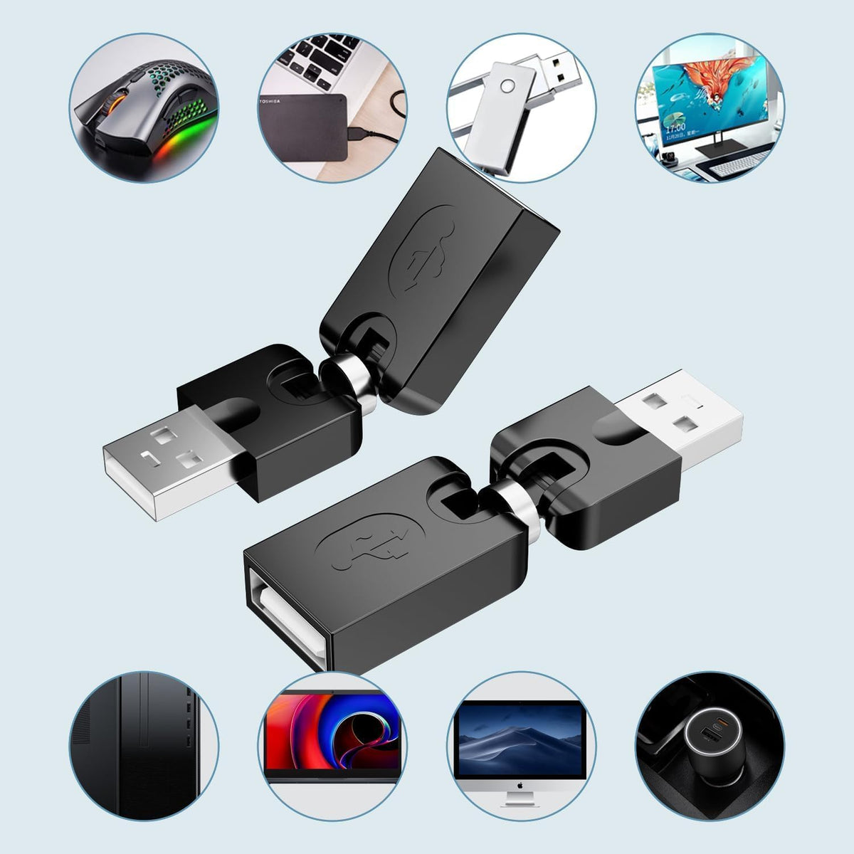 PANPEO 2 Pack USB 90 Degree Adapter, Rotating and Swivel Twist USB 2.0 Type A Male to Type A Female 360 Degre Rotation Adjustable Right Angle Extension Adapter Convertor (Black, AM-FM)