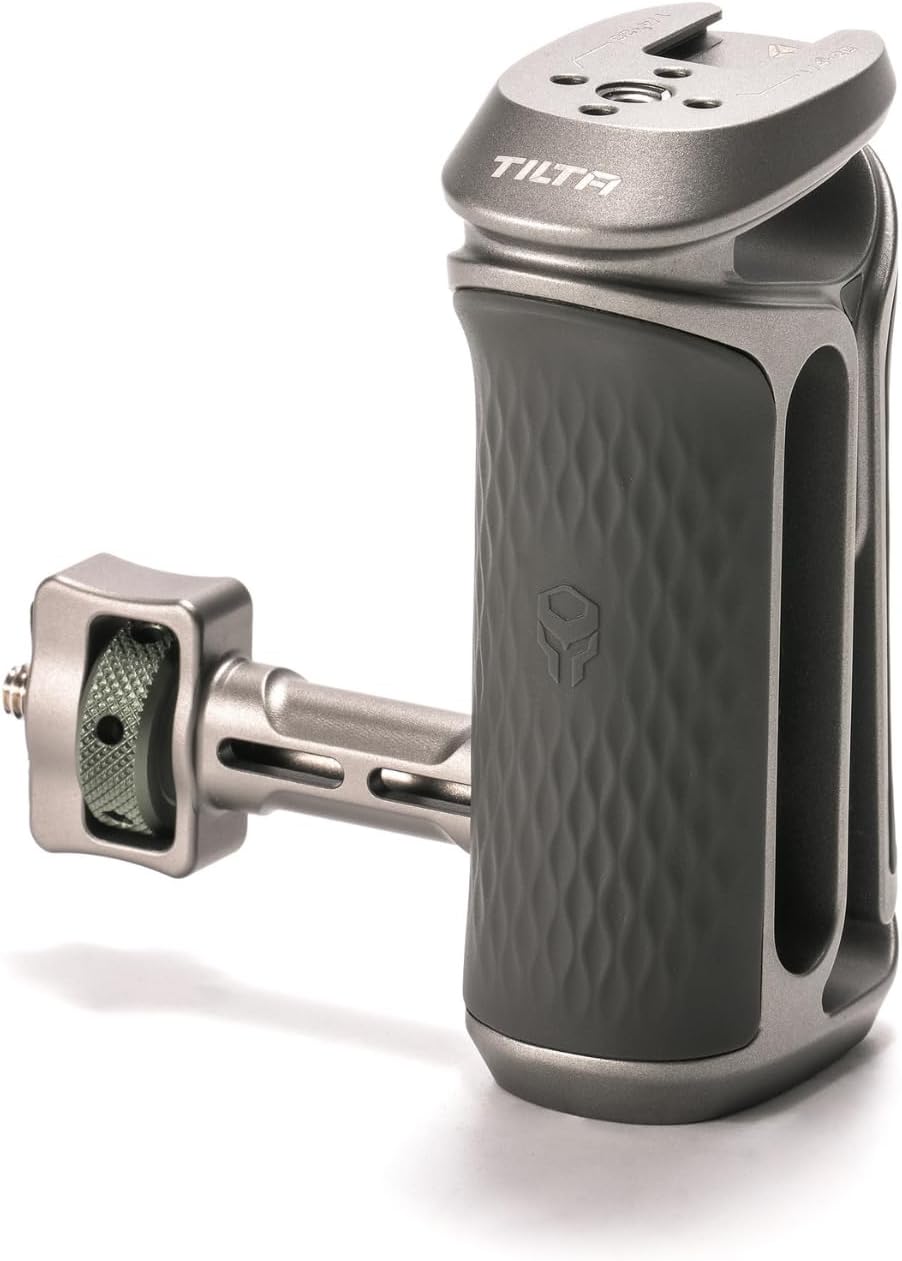 Tilta Xeno Side Handle for Filmmakers & Cameras - Titanium Gray | Secure Connection & Helps Prevent Rotation | Adjustable Height | Textured Silicone Grip | Easy Assembly (1/4″-20 w/Locating Pins)