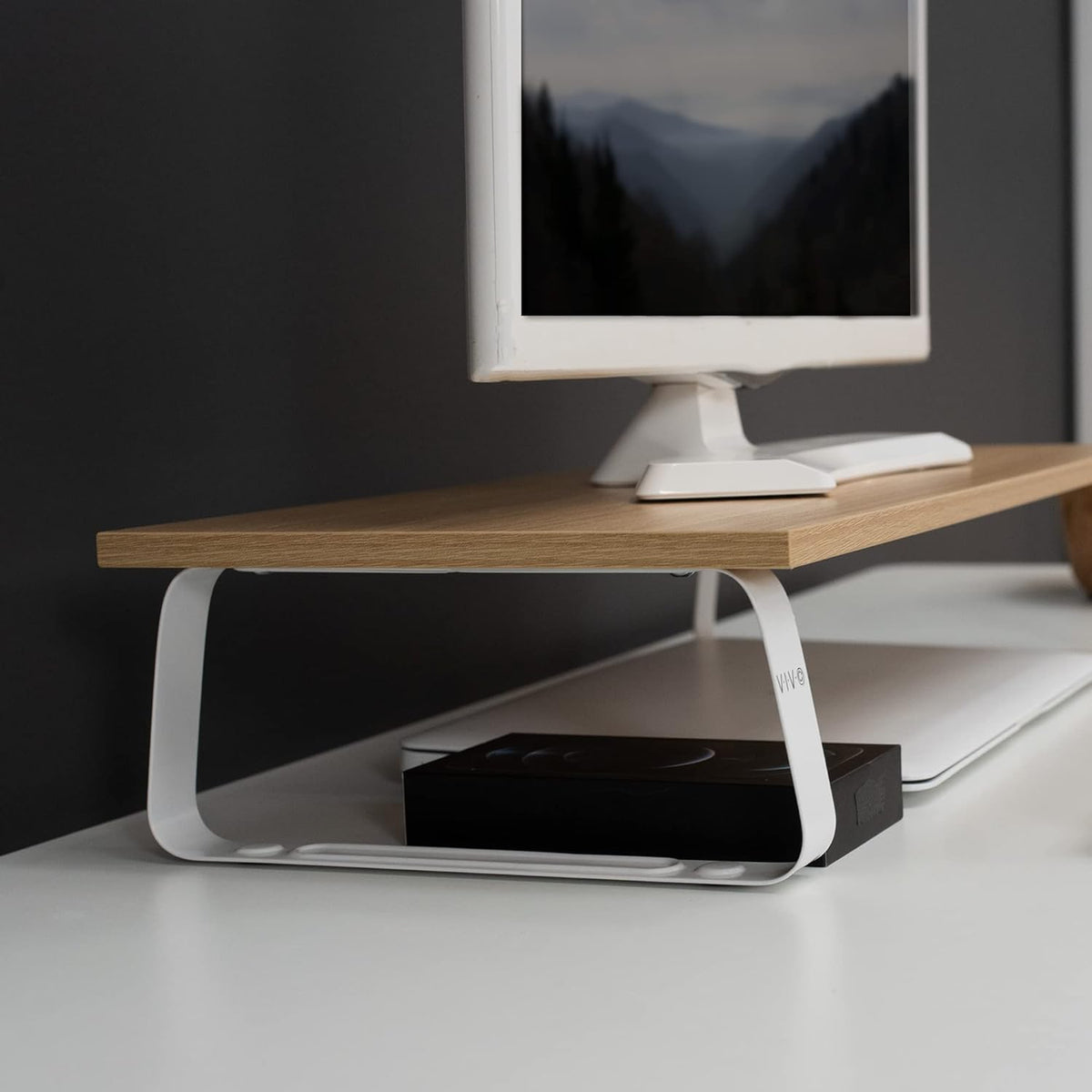 VIVO 24 inch Monitor Stand, Wood and Steel Desktop Riser, Screen, Keyboard, Laptop, Small TV, Ergonomic Desk and Tabletop Organizer, Light Wood, STAND-V000WM