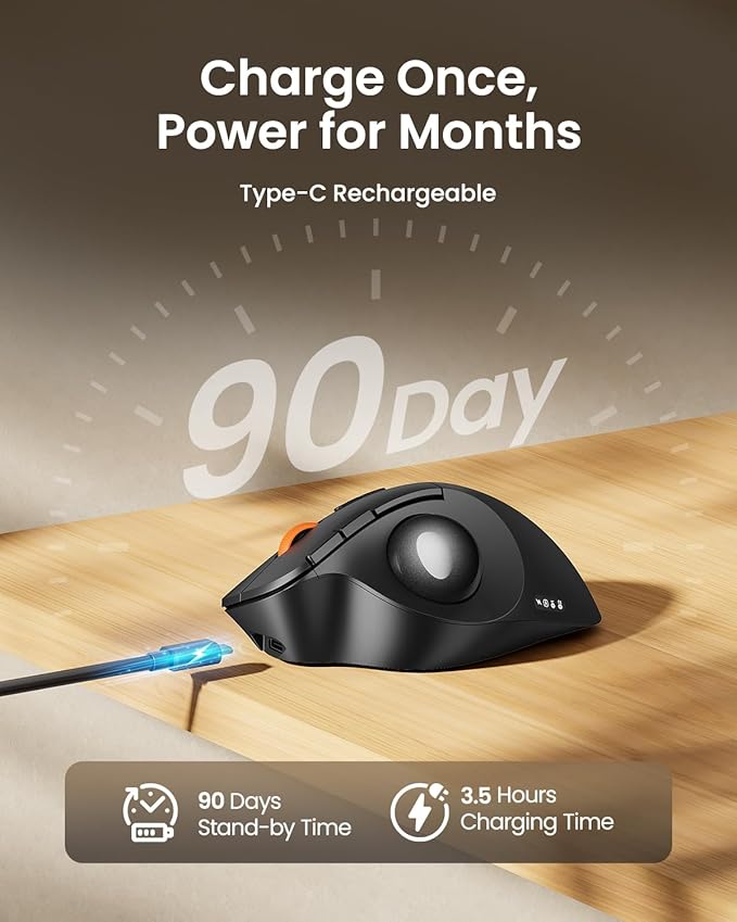 ProtoArc Wireless Bluetooth Trackball Mouse EM02 Two Adjustable Angle Ergonomic Rechargeable Computer Ball Mouse 3 Device Connection Thumb Control and Smooth Tracking for Laptop PC Mac-Gray