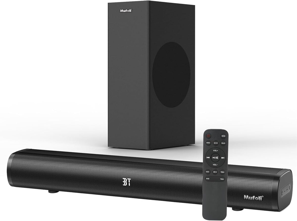 Sound Bars for TV with Subwoofer 2.1 CH 120W Soundbar for TV, for PC, Gaming, Surround Sound System TV Sound Bar Speakers, Home Theater with Bluetooth, HDMI, AUX, USB, Opt Connection, 16 Inch, MF604S