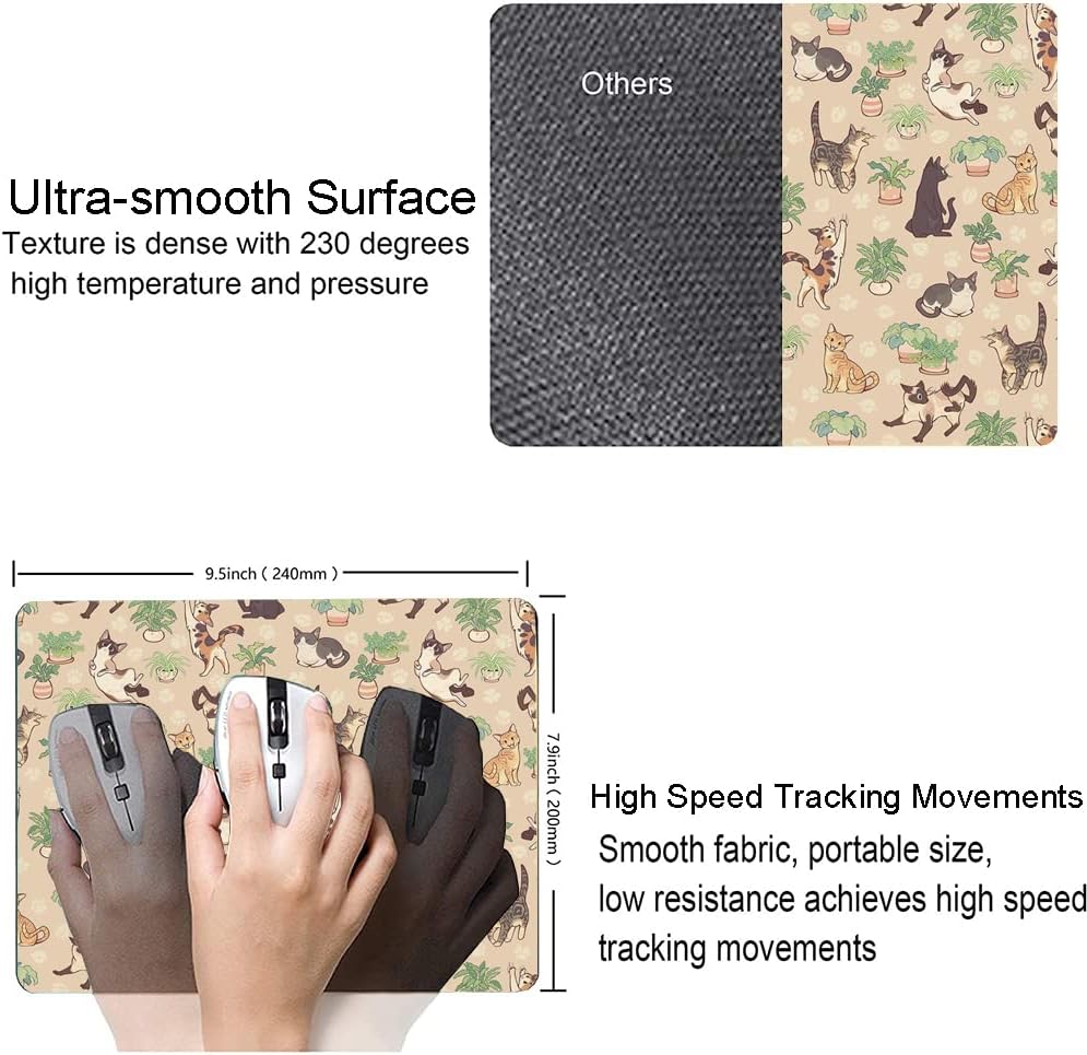 Hokafenle Cute Cats Pattern Mouse Mat - Square Waterproof Non-Slip Rubber Base Mouse Pad for Office, Laptop, Women, Kids