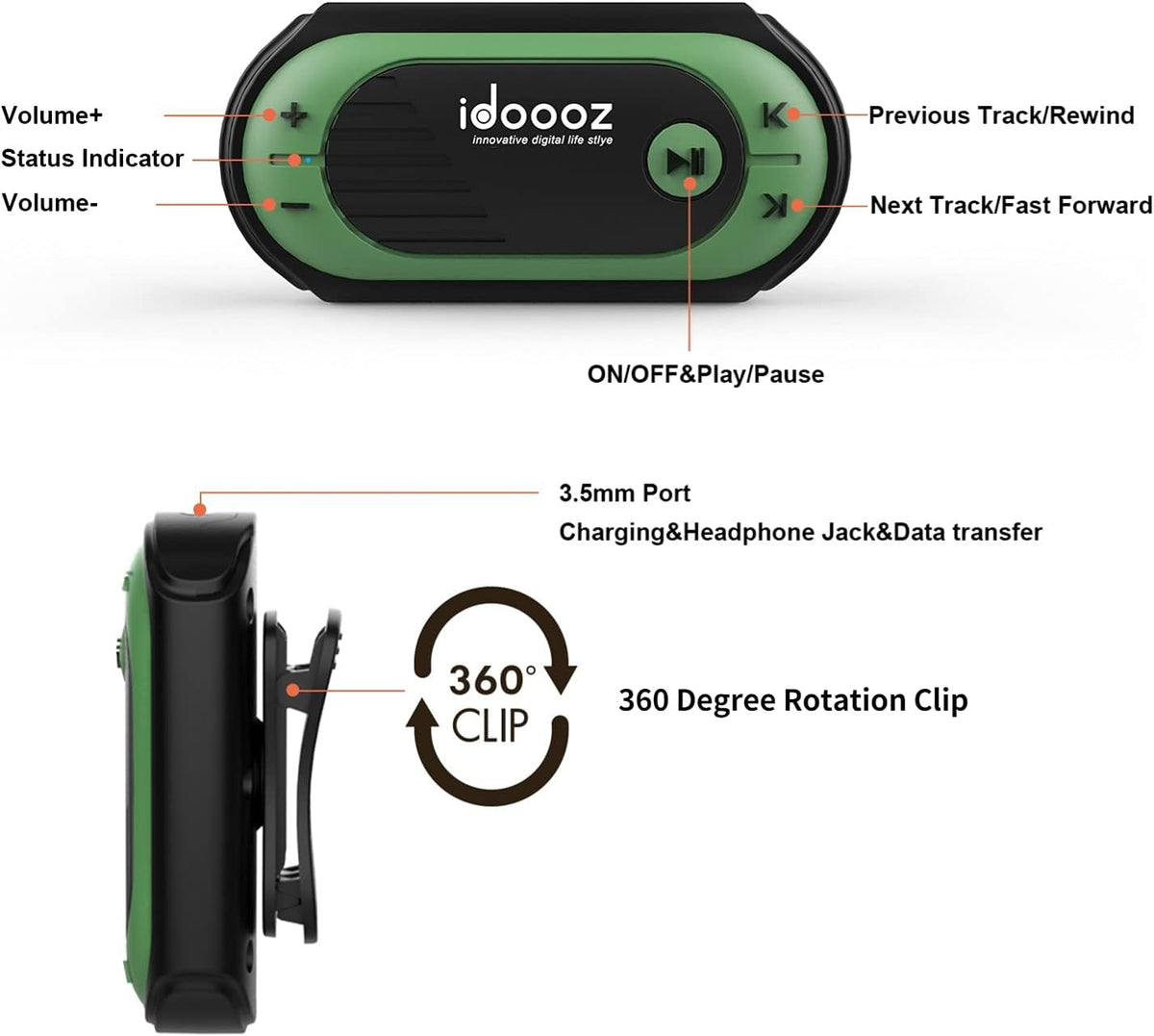 idoooz MP3 IPX8 Swimming Swimming, Waterproof Player, Music Player with Clip, Underwater Music Player with Headphones