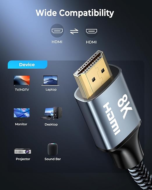CABNEER 8K HDMI Cable 12 ft, 48Gbps High Speed HDMI 2.1 Cable, HDMI Cord 8K@60Hz 4K@120Hz Support for HDR eARC HDCP 2.2&2.3, HDMI Cable 2.1 Compatible with HDTV, Laptop, Monitor, PC