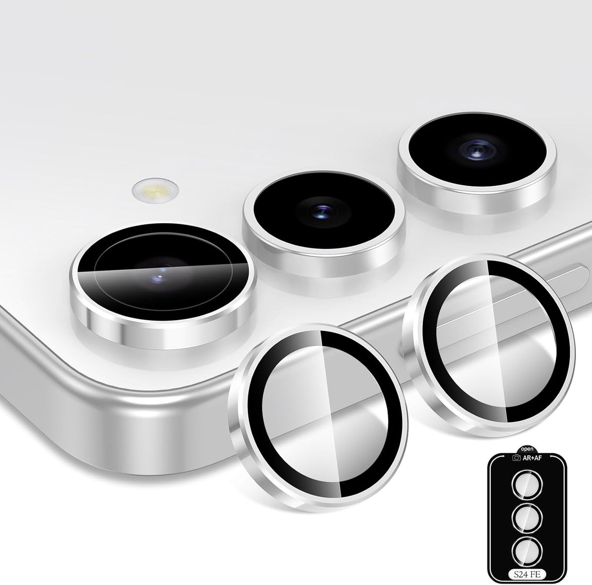 for Samsung Galaxy S24 FE Camera Lens Protector, Individual Metal Ring Tempered Glass Lens Cover, [Strong Adsorption] Scratch Resistant Ultra-Thin HD Clear Lens Cover, 1 Set-Slivery Ring