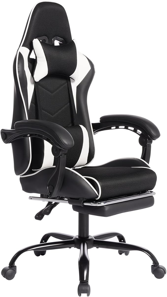Modern High Back Gaming Chair PU Leather Computer Chair with Wheels Footrest Massage Lumbar Support Height Adjustable Swivel Game Chairs for Work or Home Office (Black White)