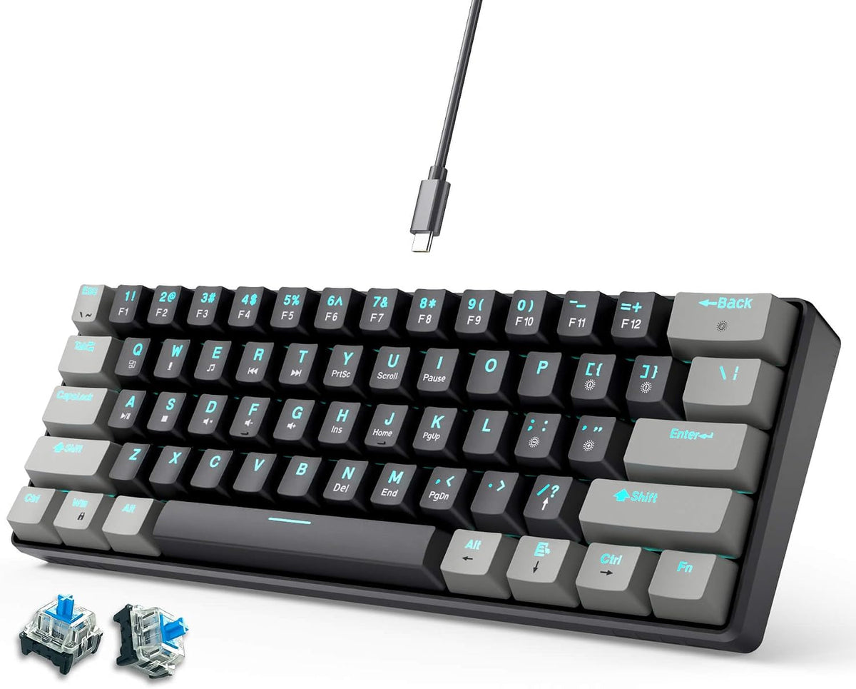 abucow 60% 61 Mechanical Gaming Keyboard Blue Switch Wired Compact Keyboard Anti-Ghosting No-Conflict Swappable keycaps