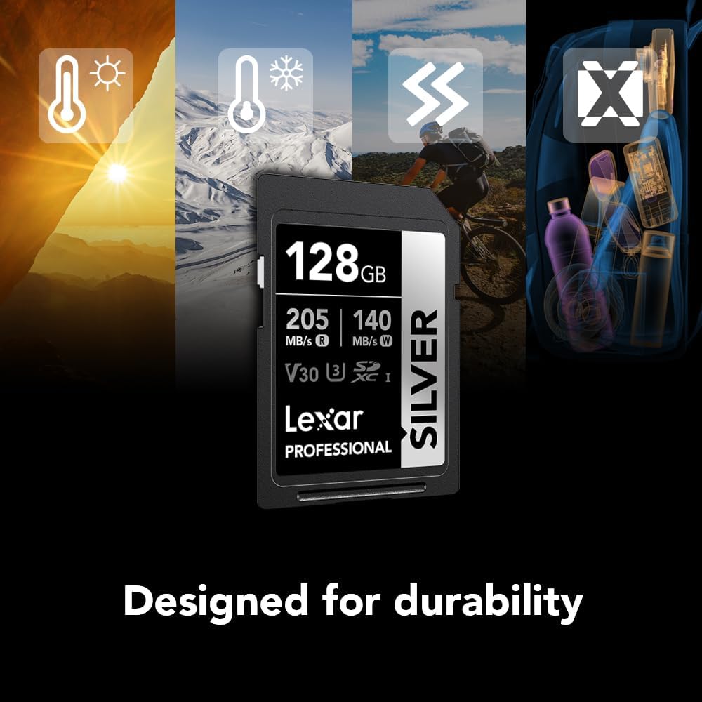 Lexar 128GB Professional Silver SD Card, UHS-I, C10, U3, V30, 4K, Up to 205/140 MB/s SDXC Memory Card, for Professional Photographer, Videographer, Enthusiast (LSDSILV128G-BNNNU)