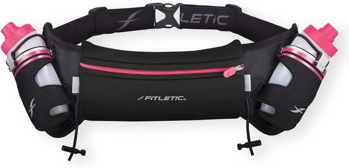 Fitletic Hydration Running Belt with Water Bottles for Men & Women – 2 Quick Flow 8oz Running Water Bottles, Patented Bounce Free Design, Water Resistant Pouch Fits All Phones – Hydra 16