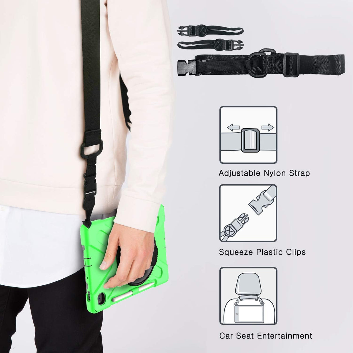 BRAECN for Samsung Galaxy Tab S6 Lite 10.4 Case, Heavy Duty Shockproof Case with Hand Strap, Shoulder Strap, Kickstand, S Pen Holder for Galaxy Tab S6 Lite 10.4 Inch SM-P620/P610 2024/2022/2020-Green
