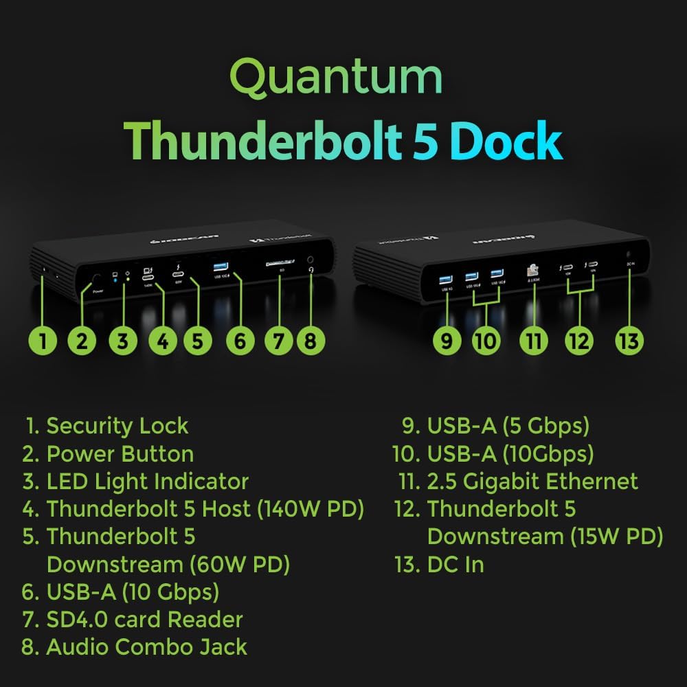 IOGEAR Quantum Thunderbolt 5 Dock Pro - 10 Devices - 80gbps - 2.5G - TB5 Host Dual 8K 60hz / Triple 4K Display 120hz - USB-A, SD 4.0, Audio - TAA - 140W Host Power - Includes PSU - Win 11 — GTD58KTAA