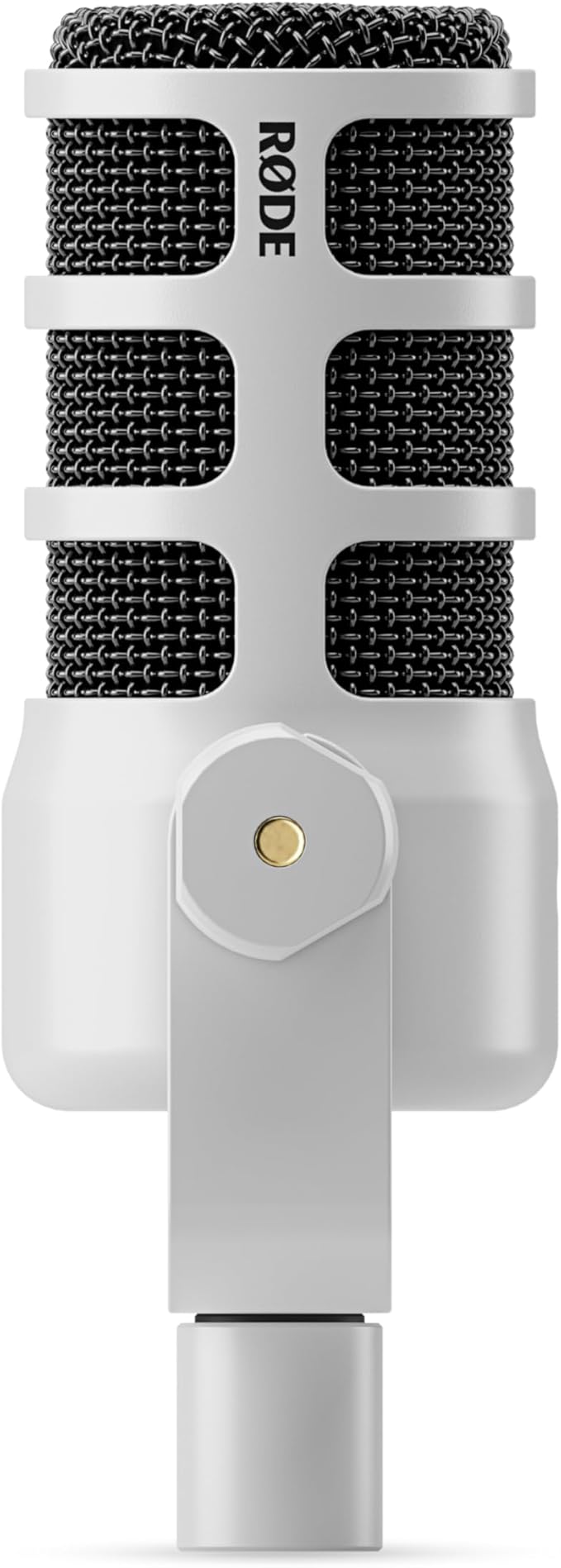 Rode PodMic Cardioid Dynamic Broadcast Microphone (White Pair) with 2X Round Base Desktop Mic Stands Monitoring Headphones XLR Cables and Polishing Cloths