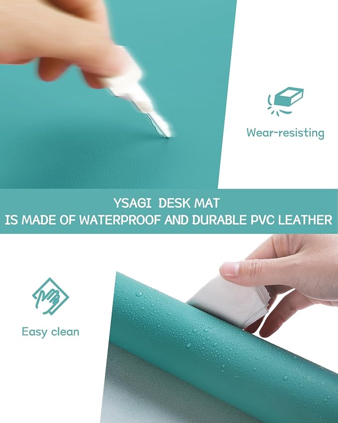 YSAGi Non-Slip Leather Desk Pad, Waterproof Laptop Computer Desk Keyboard Mat, Table Protector Blotter Mat, Large Mouse Pad for Office/Work/Home/Decor(Green Blue, 23.6" x 13.7")