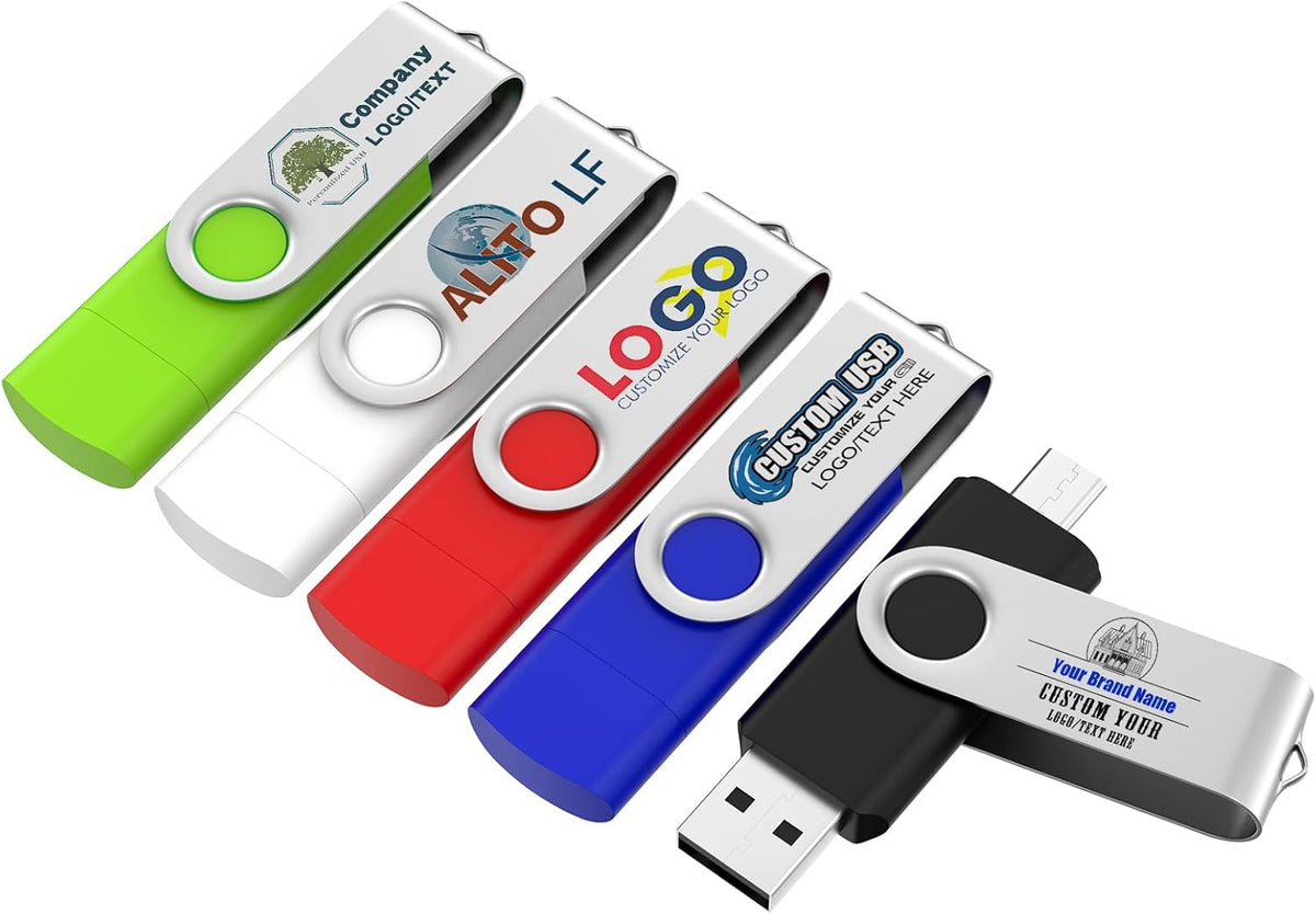 Customizable 16GB Flash Drive 10 Pack, ABLAZE Dual USB 2.0+ Type C Thumb Drives with Logo Personalized USB Memory Sticks (Mixed Colors)