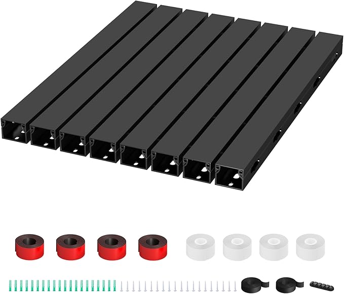 Cable Raceway - Magnetic Cable Management Under Desk with Upgraded Aesthetic Large Hole, Cord Organizer Kit for Hiding Computer, Gaming Desk, Network, Power Cord, TV - 8PCS 8x15.7in Black