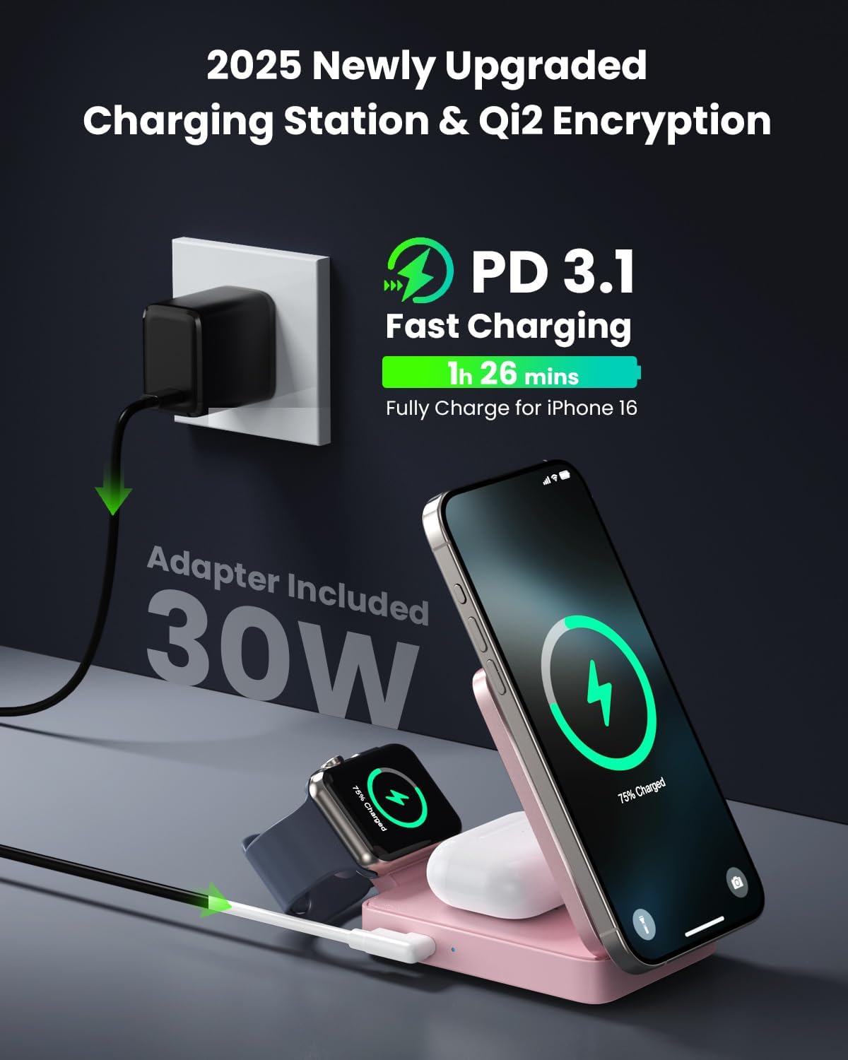 3-in-1 Wireless Charger Charging Station for iPhone, Qi2 Certified 15W Fast Charging Foldable Magnetic Charger Stand with 30W USB C Adapter for MagSafe iPhone 16/15/14/13/12, Apple Watch, AirPods