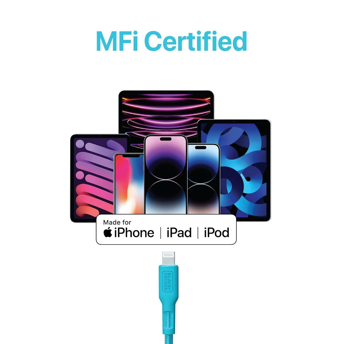 BLACK+DECKER USB C to Lightning Cable - Fast Compatible iPhone Lightning Cable - Durable Braided Type C iPhone Charger Cord - for Travel and Daily Use - Multiple Colors and Lengths - 3ft