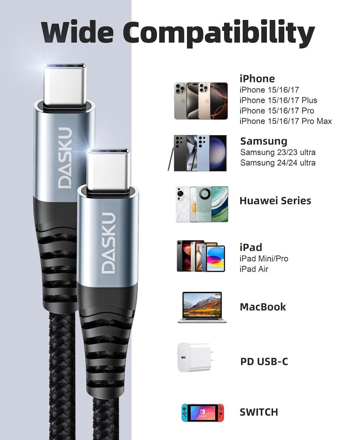 15FT 100W 1Pack, 17/16/15/Pro S23/Switch/More USB C to C Cable Extra Long USB C Cable Fast Charging,USB C to USB C