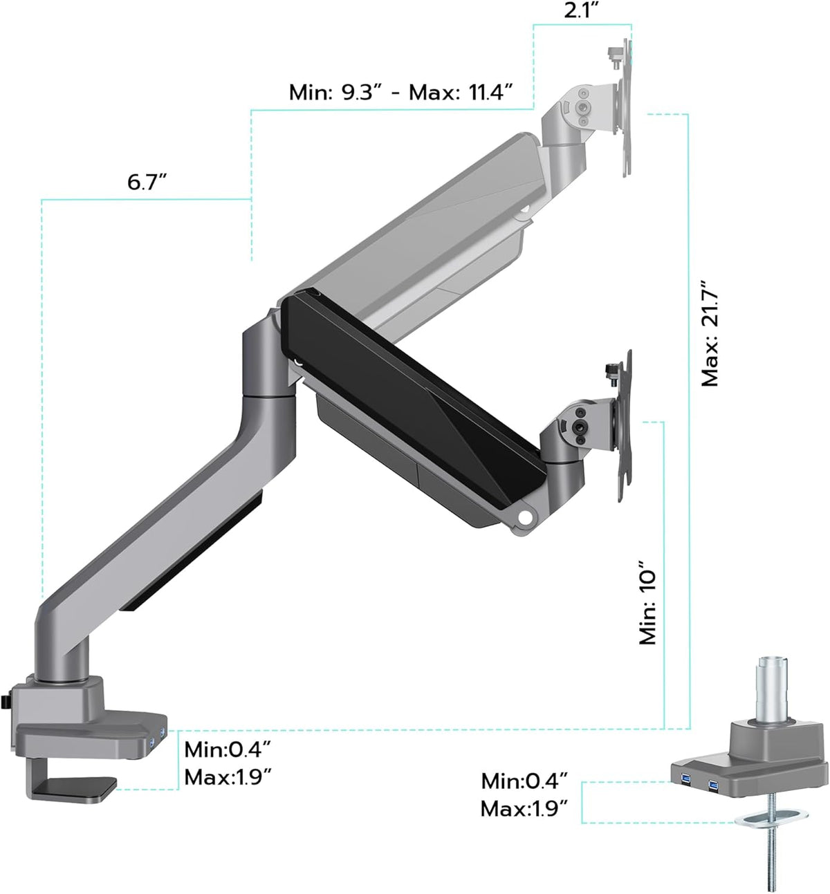 ARES WING Single Monitor Arm, Heavy Duty Adjustable Monitor Arm for 13"-45" Screens with USB, Gas Spring Desk Mount Stand with C Clamp/Grommet Mounting Base up to 40lbs Computer, Gray