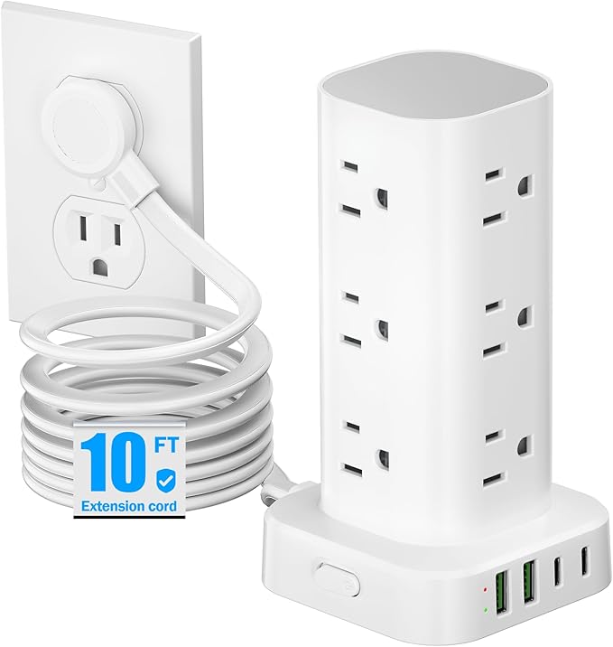 Flat Plug Power Strip Tower Surge Protector, 10FT Flat Extension Cord with Multiple Outlets, 12 AC Outlets, 4 USB Ports (2 USB C) Charging Station for Office Home Dorm Room Travel (White)