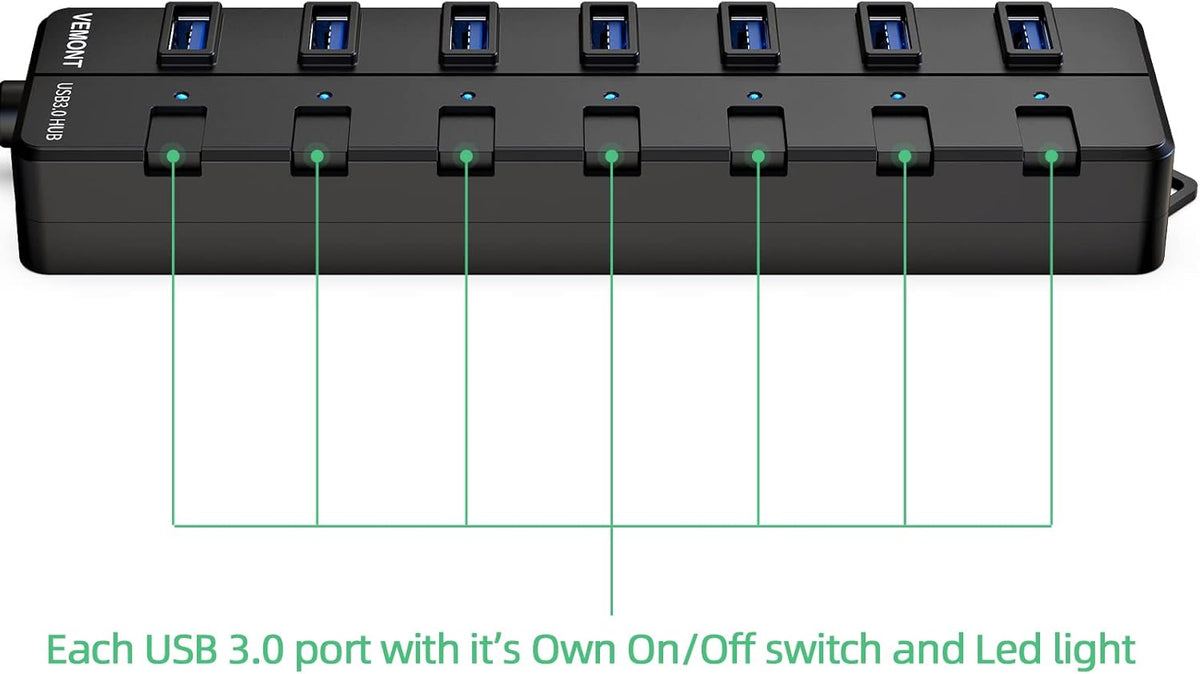 VEMONT USB hub,Computer Peripheral Equipment 7-Port USB 3.0 hub with 5V2A Power Adapter and Individual On/Off Switches,USB Charging hub 4ft/1.2m Long Cable