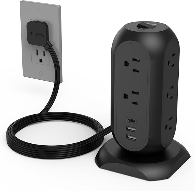 TESSAN Tower Power Strip Flat Plug with 1050J Surge Protection, 6 Ft, Black