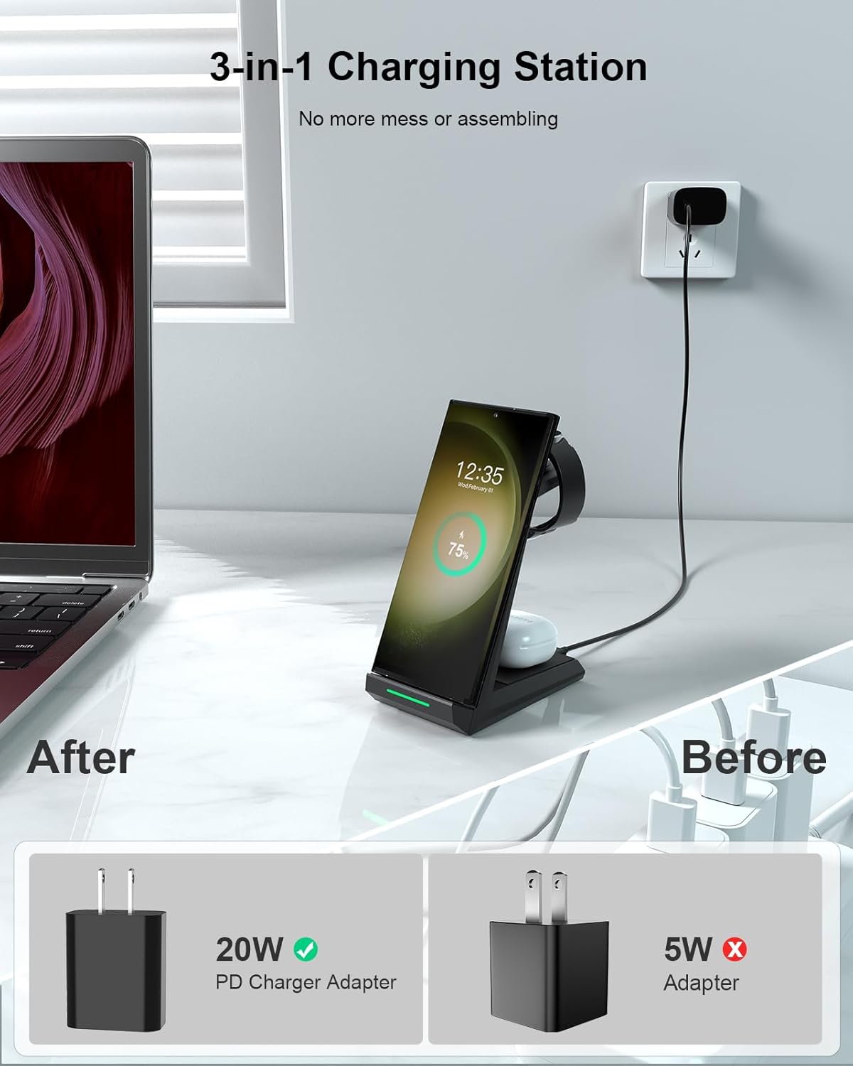 Wireless Charger for Samsung - NANAMI 3 in 1 Charging Station for Multiple Devices, Fast Charger Stand for Galaxy S25 S24 S23 Ultra S22 S21 Z Flip Fold 4,Galaxy Watch 6/5/5 Pro/4/3, Galaxy Buds 2 Pro